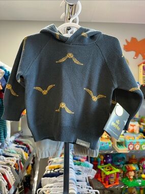 Harry Potter Kids Hooded Knit Sweater with Gold Snitch Motif - Dark Teal